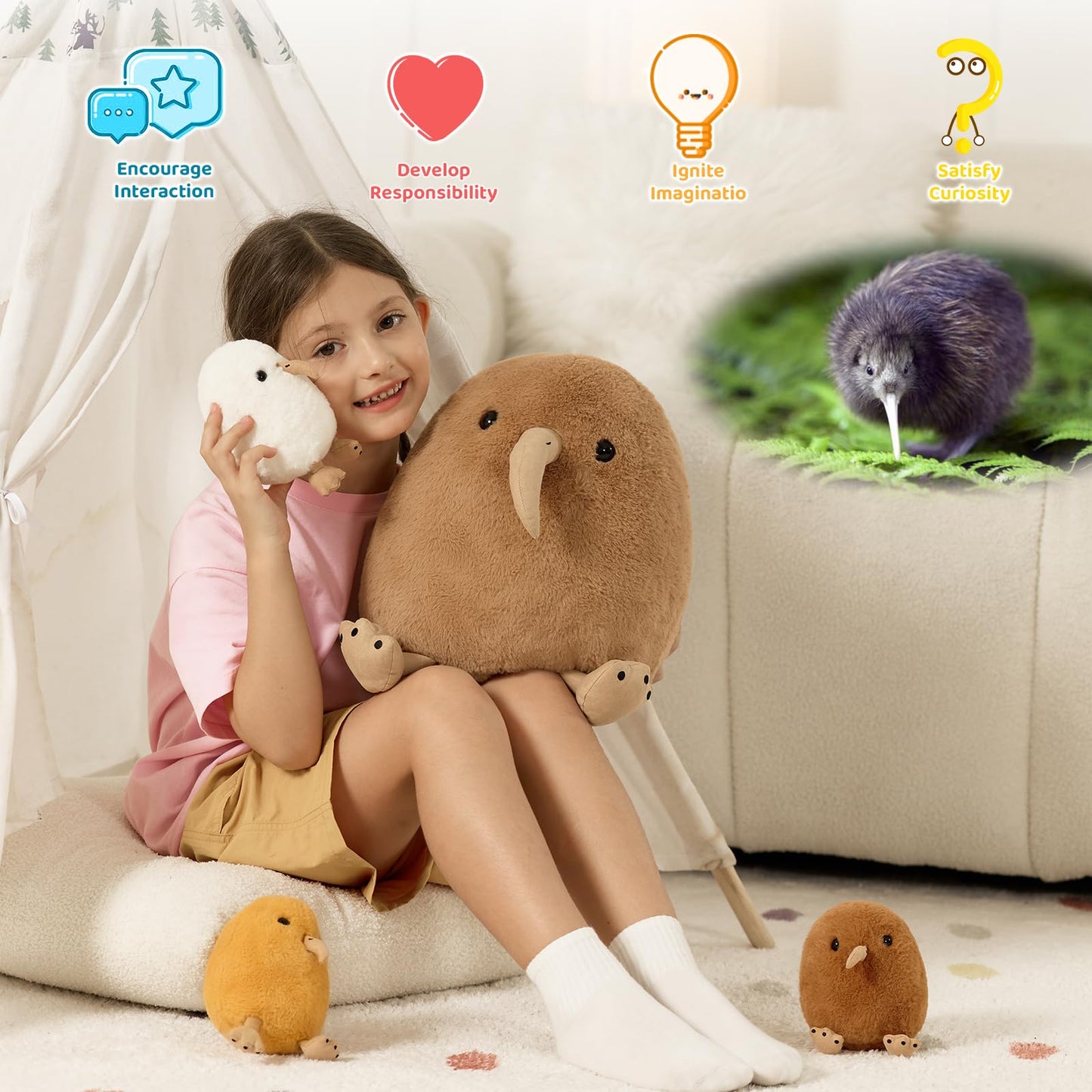 MorisMos Plush Kiwi Bird Toys for Kids, Realistic Mommy Kiwi Bird Stuffed Animal with 3 Baby Chicks, Soft Machine Washable Plush toy, Educational & Role Playset Gift for Birthday Baby Shower Christmas
