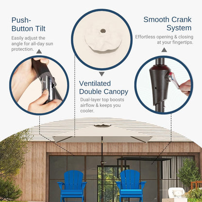 Patio Kingdom 6.5' x 10' Rectangular Patio Umbrella Large Outdoor Market Umbrella w/UV Protection, Push Button Tilt and Crank Lift, Rectangle Table Umbrella for Garden, Deck, Pool, Patio, Beige