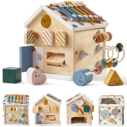 Tiny Land 9-in-1 Wooden Activity Cube, Montessori Baby Activity Center for 1+ Year Old, Educational Toy for Toddlers, Ideal Gift for Boys and Girls (Morandi)
