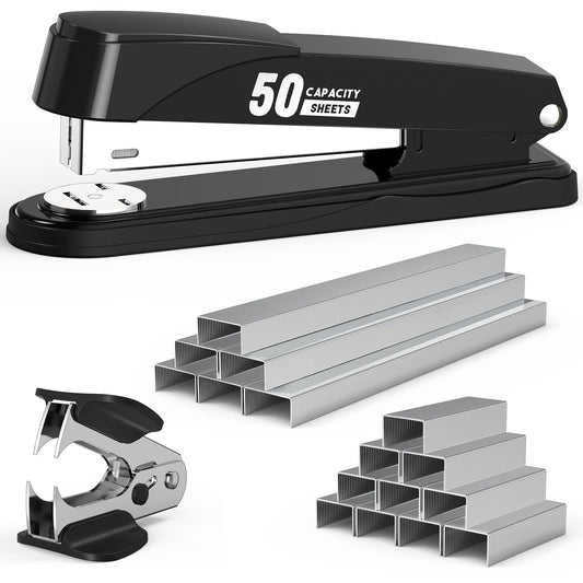 Metal Stapler Heavy Duty 50 Sheet Capacity with 1750 Staples and Staple Remover, Full Strip Staplers for Desk, No Jam, Non-Slip for Office & Classroom, Black