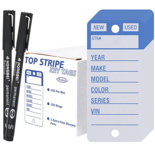Vinyl Poly Car Key Tags 250 Pcs with 250 Split Rings & 2 Markers, Heavy-Duty & Tear Proof Top Stripe Key Tags with Write-On Design (Blue)