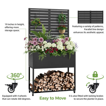 Metal Planter Box with Trellis, 3 in 1 Raised Garden Bed with Trelli & Firewood Rack, Privacy Planter Screen for Climbing Plants, Vine, Outdoor Garden Standing Beds with Drainage Holes, Wheels,Black