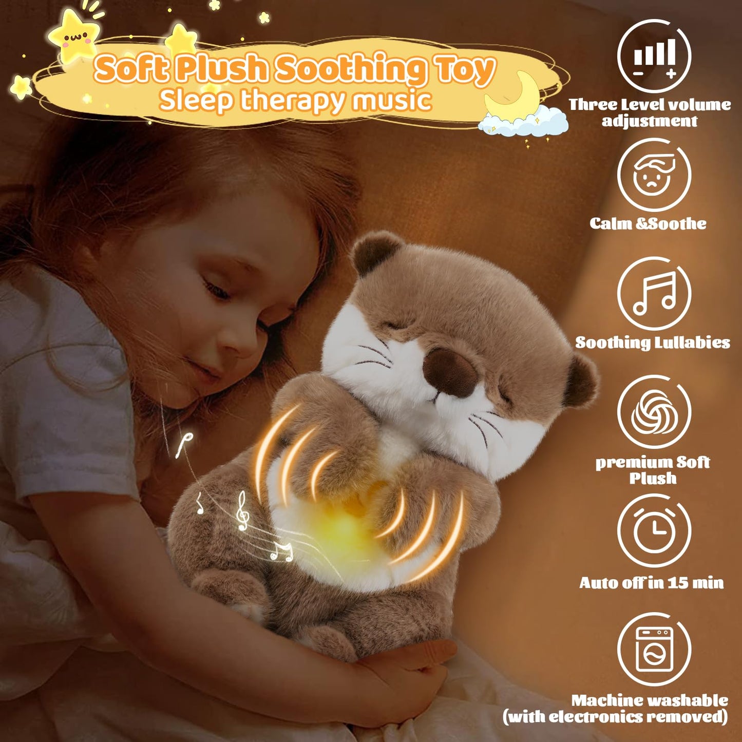 Emoin Otter Breathing Stuffed Animal, Volume Control Breathing Otter Plush Sleep Buddy with Realistic Breathing Motion and Lights Music Baby Plush Toy for Adults and Kids