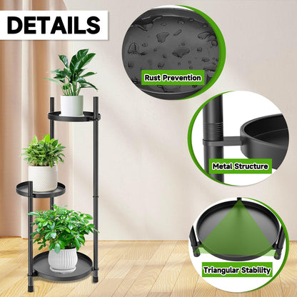 MeyRolizn 3-Tier Metal Plant Stand for Indoor & Outdoor, Heavy Duty Corner Flower Shelf Display Rack for Living Room Balcony Patio Garden Bedroom Classroom Black (Black-B)