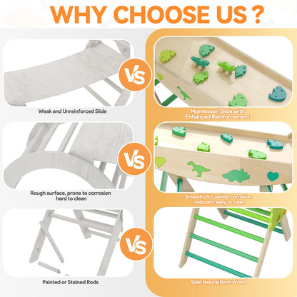 KidsBuddy Pikler Triangle Set with Cushion 9 in 1 Climbing Toys for Toddlers 1-3 Indoor Baby Climbing Gym Toddler Montessori Toys Wooden Toy with Maze Toy, Shape Sorter, Dinosaur Car