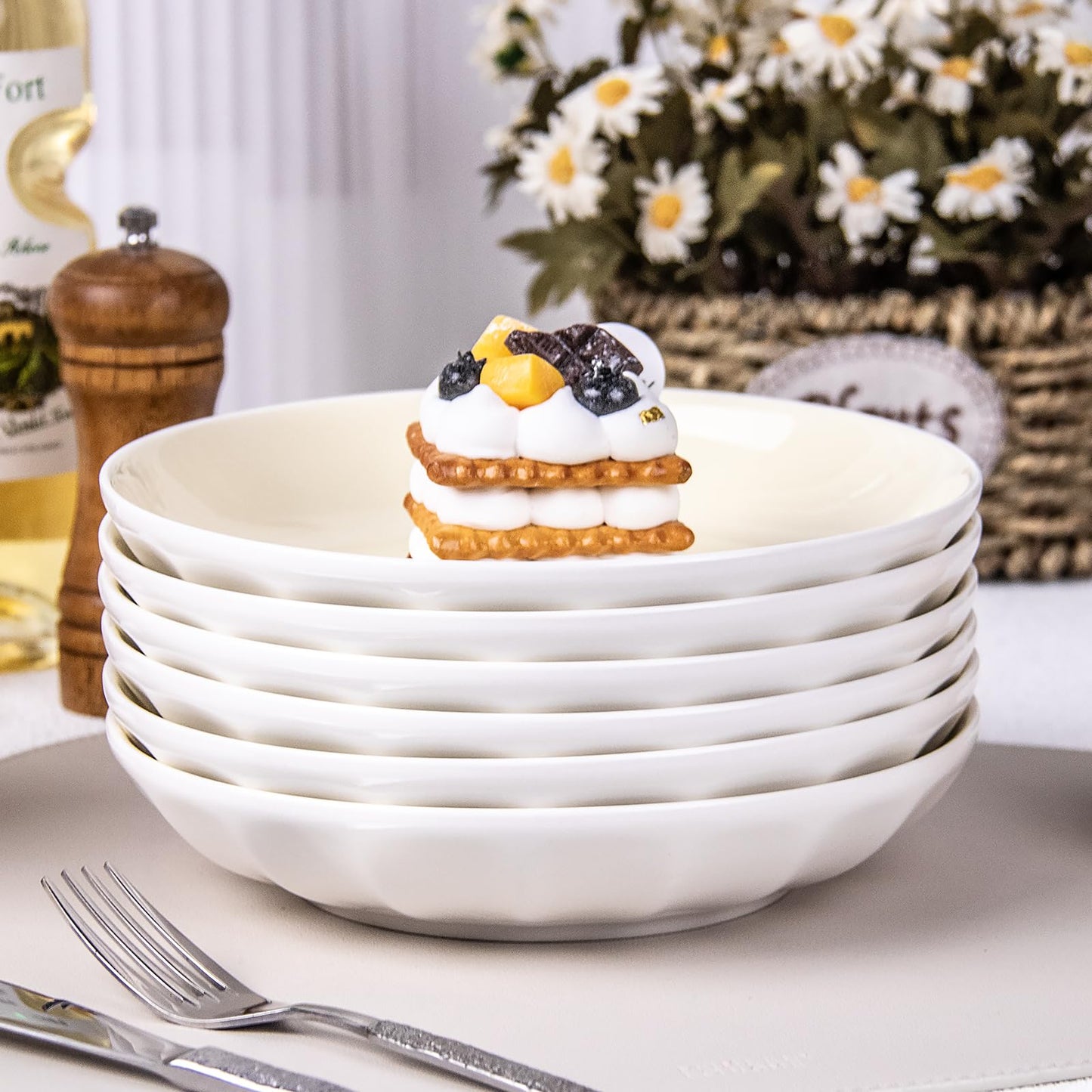 Anveena 8 Inch Porcelain Dinner Plates Set, Cream yellow Salad Serving Plates, Set of 6 - Microwave, Oven, Dishwasher Safe, Scratch-Resistant