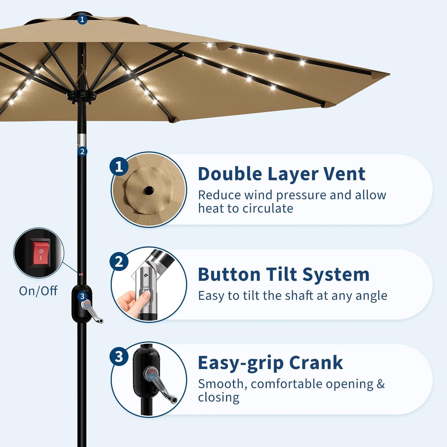 Garvee 10 FT Patio Umbrella with Solar Lights, Outdoor Table Umbrella with 8 Durable Ribs, Tilt & Crank Mechanism, Waterproof & UV Protection for Garden, Backyard, Poolside, Tan