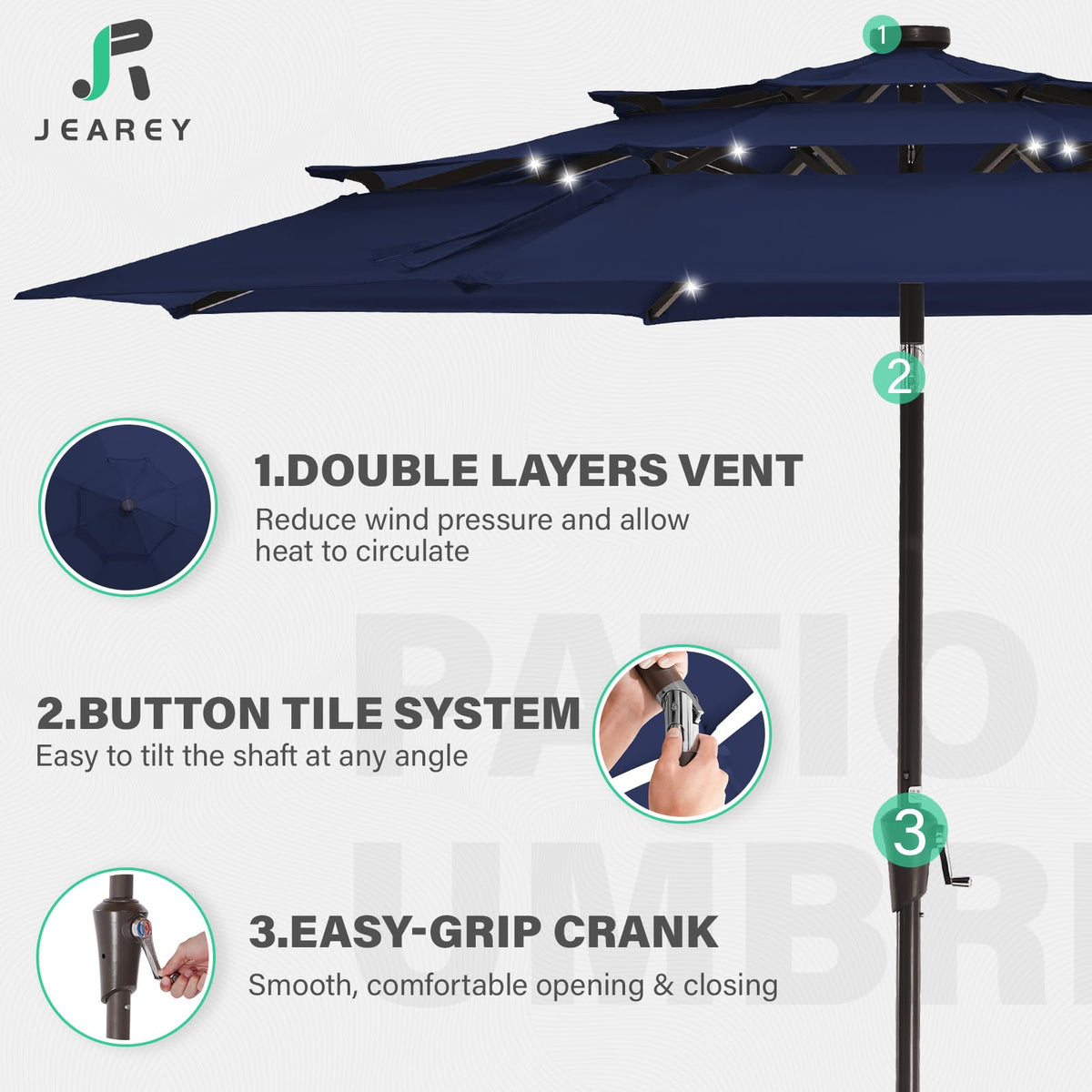 JEAREY 3 Tiers Patio Umbrella with Solar Lights 9ft Outdoor Market Table Umbrellas with Push Button Tilt for Outside Pool Garden, Navy Blue