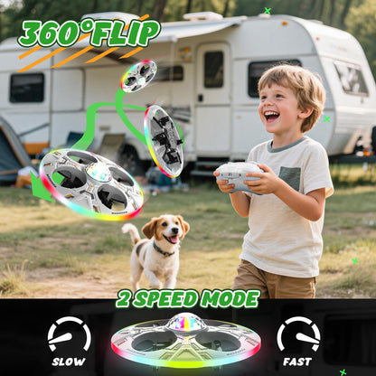Mini UFO Drone for Kids – RC Plane Flying Airplane Toy Remote Control Helicopter with LED Lights, Auto Hover, 2 Batteries(14 Min Flight)