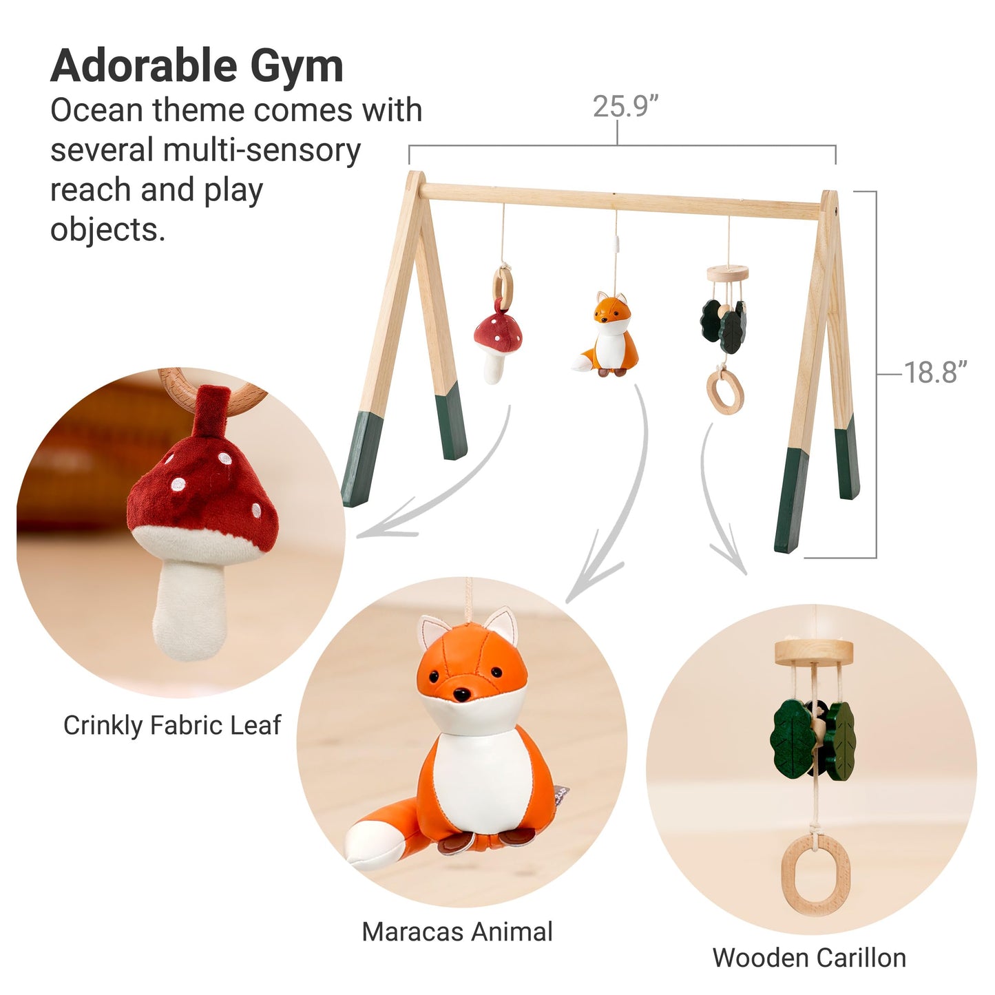 Little Big Friends Wooden Baby Activity Gym – Montessori Play Gym for Babies | Encourages Motor Skills & Sensory Development | Includes Crinkle Fabrics, Wooden Chimes & Hanging Toys – Forest