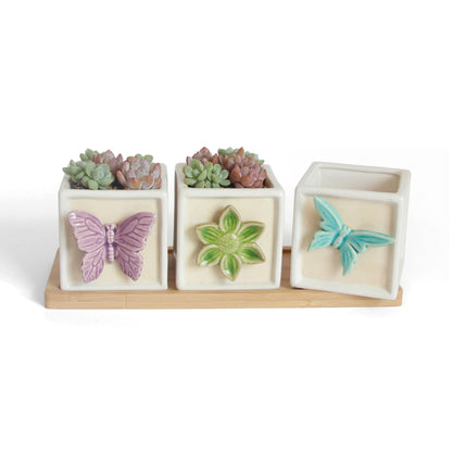 Gnliny 3.1 Inch Ceramic Succulent Pots with Bamboo Tray - 3Pcs Square Planters with Drainage Holes, 3D Butterfly & Flower Design for Indoor Plants, Desk Organizer for Home Office