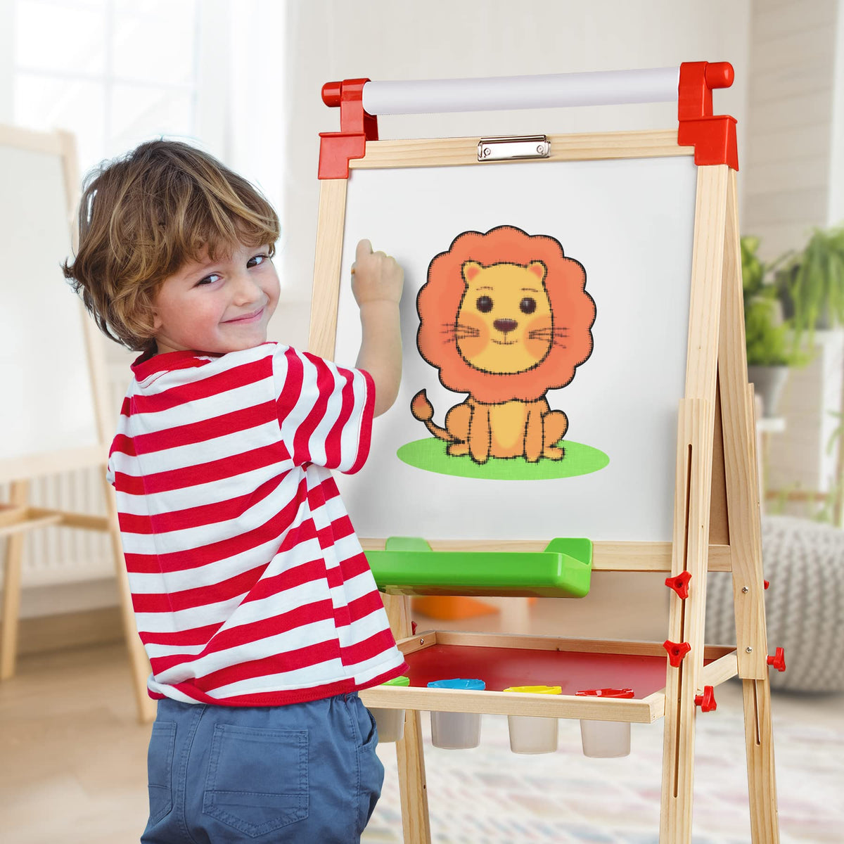 JOYOOSS Kids Wooden Easel with Paper Roll - Adjustable Magnetic Double Sided Drawing Board Whiteboard & Chalkboard Dry Easel Board,Children Art Easel for 3~12 Years Kids Boys Girls Painting Drawing