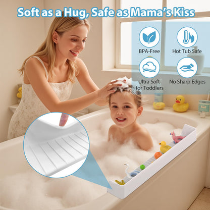 AyNirser Bathtub Splash Guard Play Shelf Over Tub 31” with Strong Suction Cups, Silicone Tub Water Guards Toy Tray Holder No Mess Water Spill in Bathroom-White