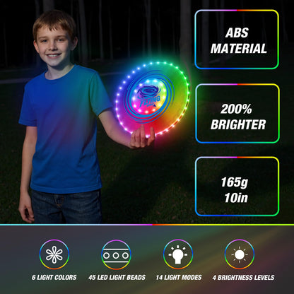 HYES 2 Pack Light up Flying Discs for Kids, 45 LEDs, 14 Lighting Modes, Rechargeable Glow in The Dark Flying Ring for Beach, Camping, Outdoor Game, Sport Toys for Teens Boys Adult