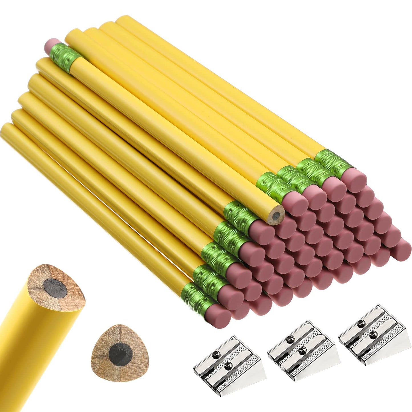 Fainne 48 Pcs Fat Pencils Jumbo Big Thick Large Pencils and 3 Pieces Sharpeners for Kids Beginners Preschoolers Kindergarten School Office Supplies(Yellow+Green,Triangle)