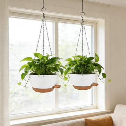 CNLBO 12 Inch Self Watering Hanging Planters 2 Pack, Indoor Outdoor Hanging Pots for Plants with Drainage Holes & Saucers, White Brown Plastic Hanging Baskets for Kitchen Balcony Garden