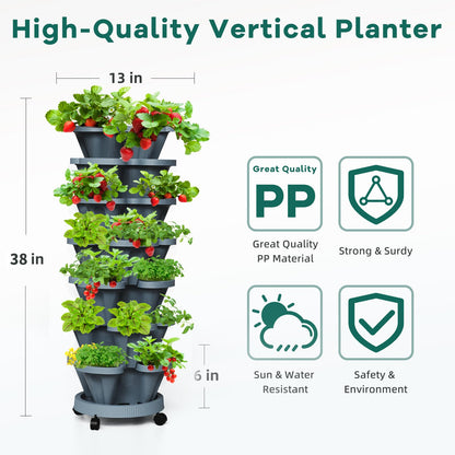 Tectsia 7 Tiered Strawberry Vertical Planters Tower Garden 2 Pack, Stacking Herb Vegetable Planter with Support Pole Indoor and Outdoor - Dark Grey