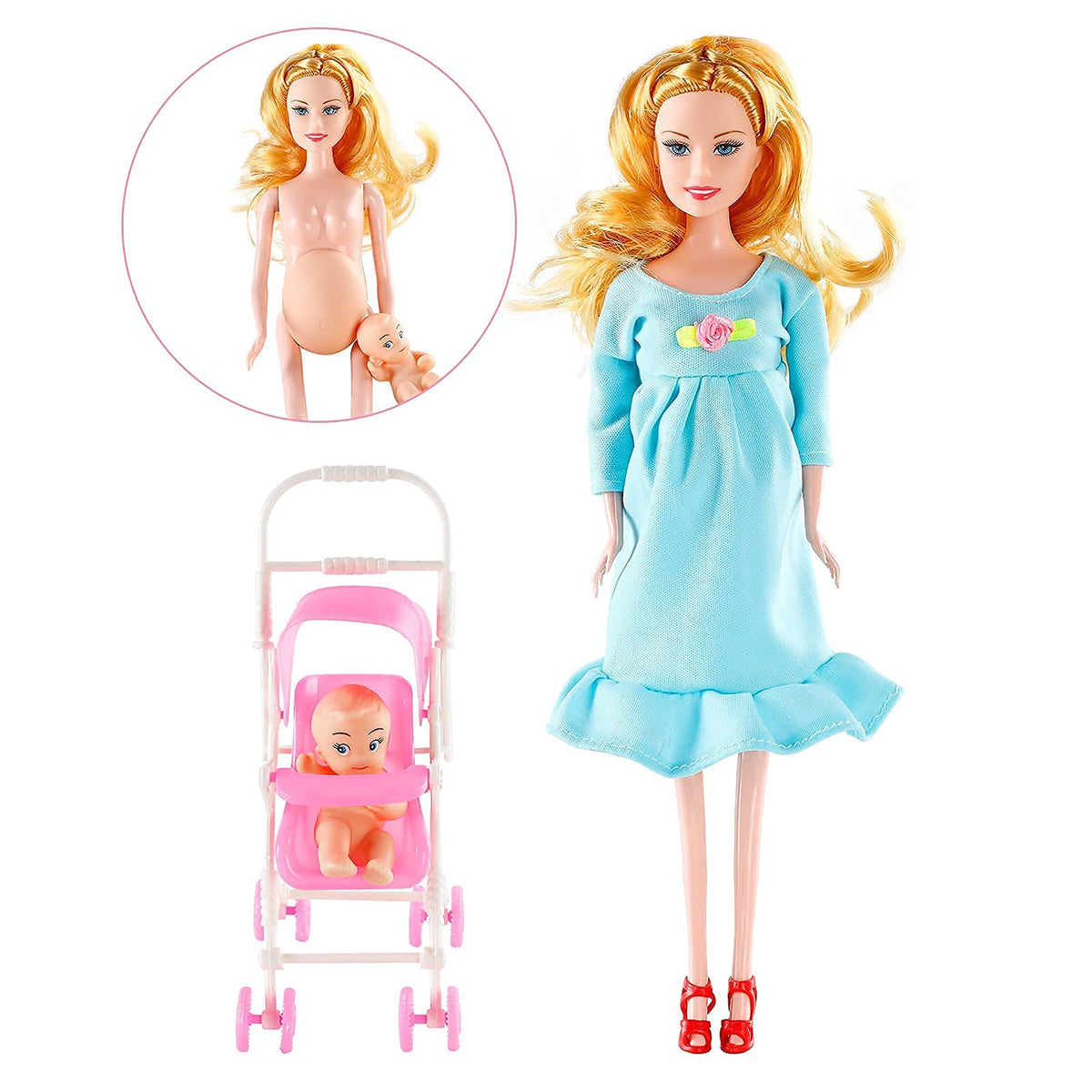 FunPa Pregnant Doll Have a Baby in Her Tummy Mom Doll Pregnant Mom Toy with Baby Doll Trolley (Blue)