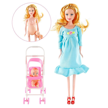 FunPa Pregnant Doll Have a Baby in Her Tummy Mom Doll Pregnant Mom Toy with Baby Doll Trolley (Blue)