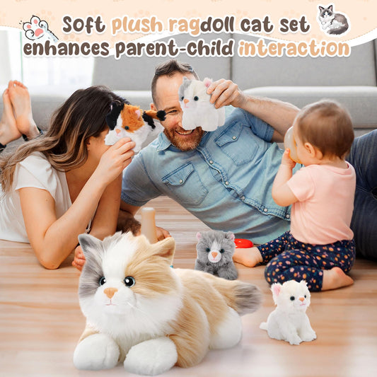 HyDren 5 Pcs Realistic Ragdoll Cat Stuffed Animal, 17.75 Inches Large Ragdoll Cat Mommy Plush with 4 Cute Babies Soft Plush Kittens Set for Girls Boys Birthday Party Favors (Grey,White,Brown)