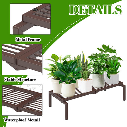 Gouisalin 1 Tier Metal Plant Stand Indoor Outdoor, Potted Multiple Flower Pot Holder Rack Plant Shelf, Heavy Duty Planter Display Shelving for Patio Balcony Garden Living Room Decorative (Brown)