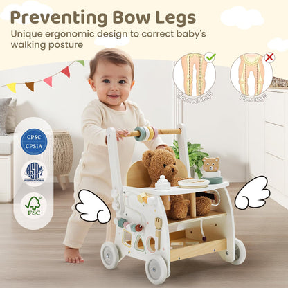 labebe Wooden Baby Walker, Baby Push Walker Doll Stroller, Push Activity Walker for Kids 18M+, Adjustable Speed Learning Walking with Wheels, Birthday Gift for Girls Boys Ages 1-3