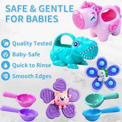 Baby Bath Toys for Kids Ages 1-3, Bathtub Toys for Babies 6-12-18 Months Toddlers, Suction Cup Spinner Toys & Unicorn Watering Can, Sand Beach Pool Water Table Toys for Infants Girls 1 2 3 4(Pink)
