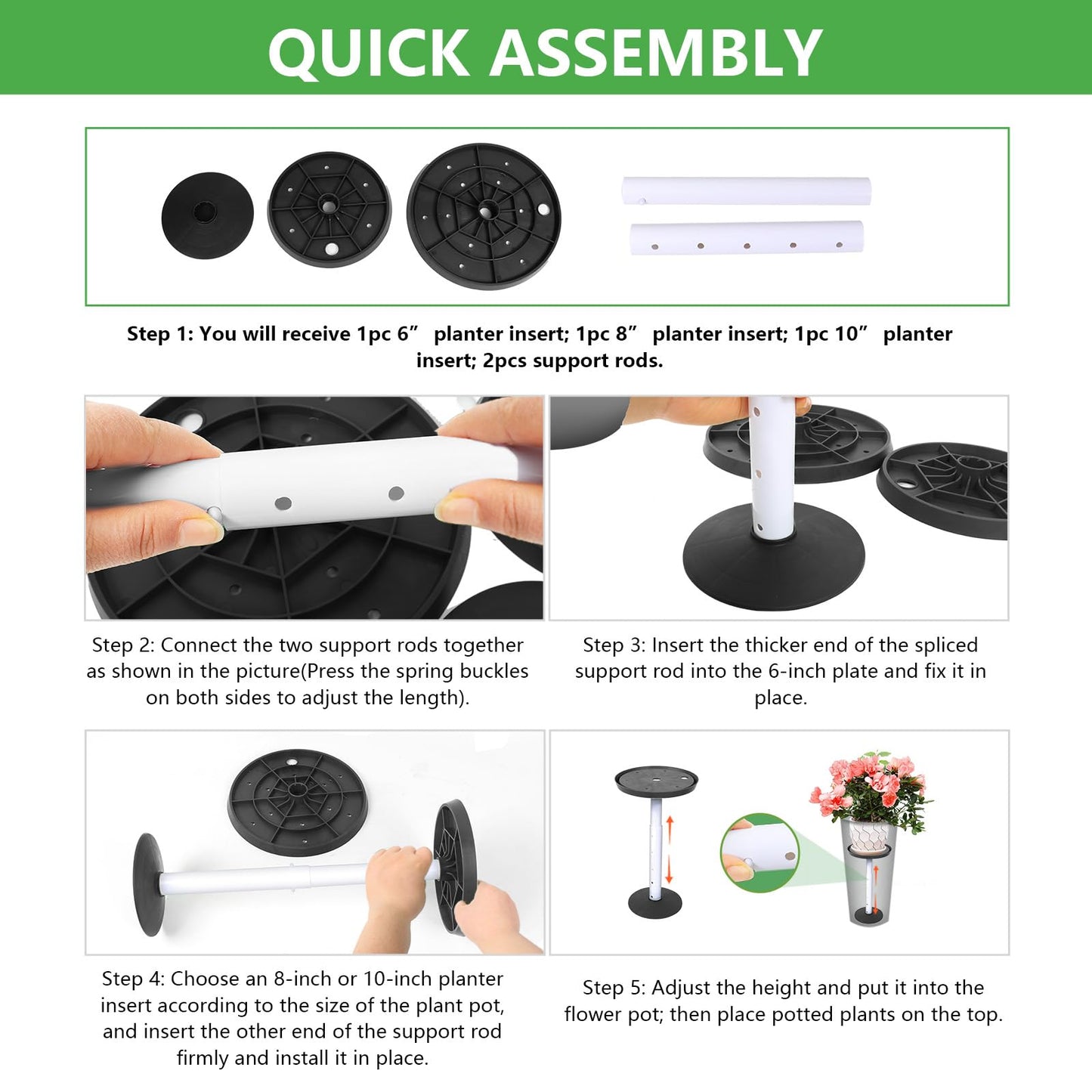 2 Pack Plant Riser Inserts for Large Pots, 8 in/10 in Interchangeable Sturdy Planter Inserts & 11 - 17 in Adjustable Height Lifters Planter Filler for Indoor & Outdoor Various Shapes Pots（Black）