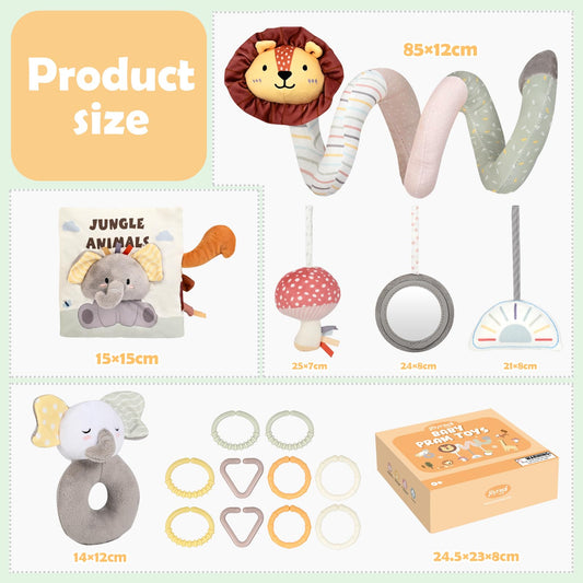 Joyreal Spiral Car Seat Toys with Jungle Soft Book, Plush Rattles and Linking Rings, Stroller & Travel Toy for Newborns and Infants 0-12 Months Girls Boys