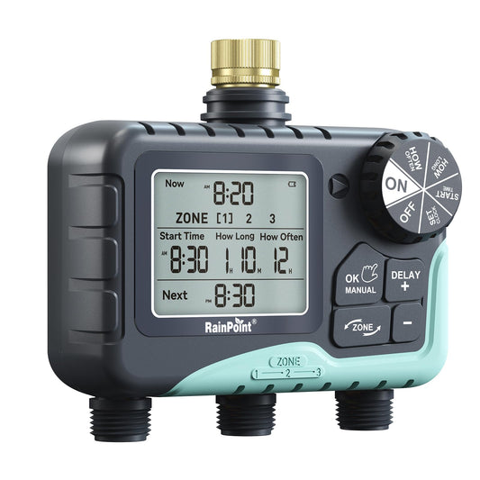 RAINPOINT 3 Zone Sprinkler Timer with Brass Inlet, Water Timer for Garden Hose,Rain Delay/Manual/Automatic Watering System, Hose,Hose Timers for Watering with IP65 Waterproof, Large LCD for Yard