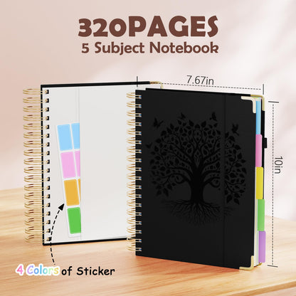 QIYVLOS Hardcover Spiral Notebook, B5 Journal with Removable Dividers Tabs, 5 Subject Notebook College Ruled, 320 Pages 8"x10" Leather Notebooks for Work School Study, Lined Journal for Women, Black