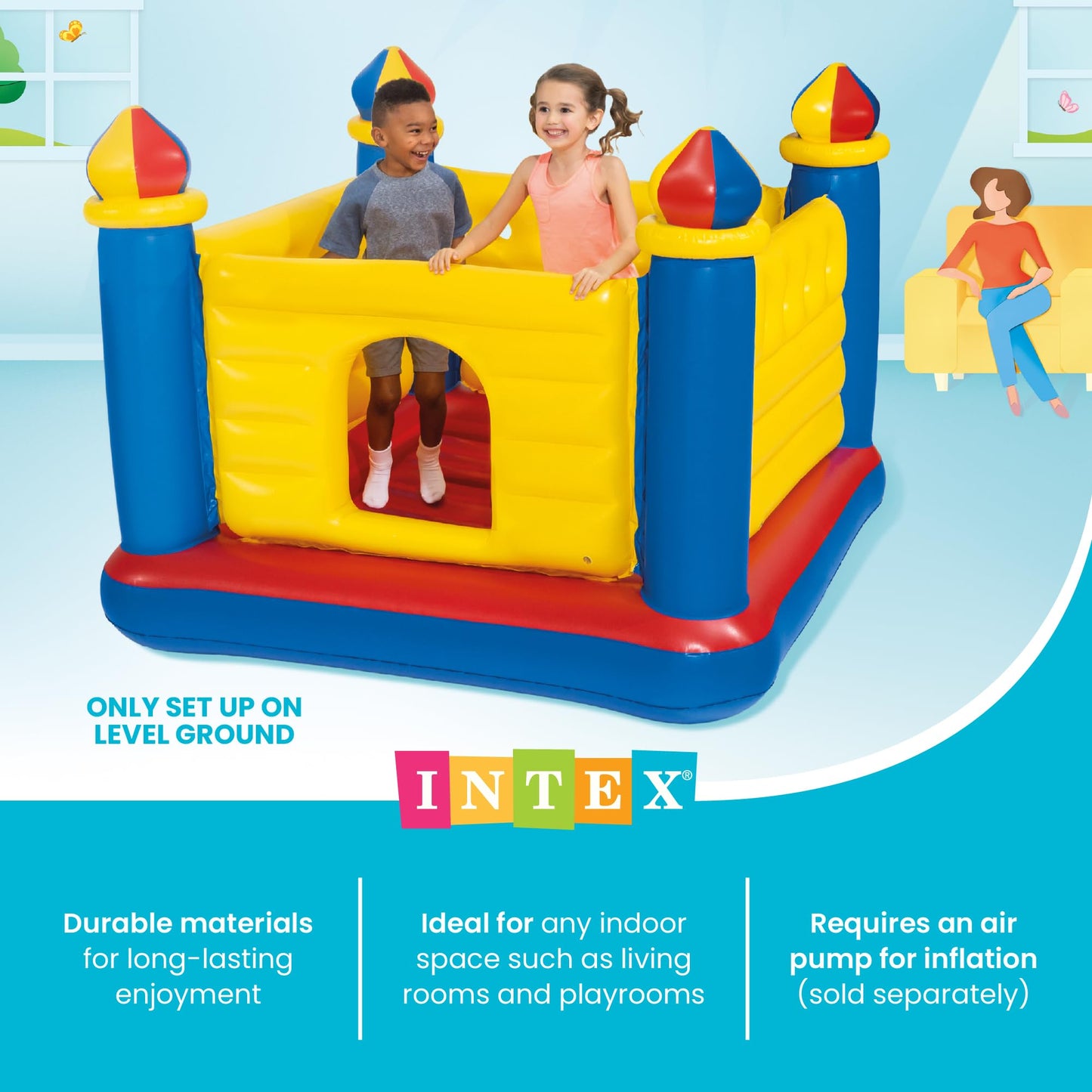 Intex Inflatable Colorful Jump-O-Lene Castle Bounce House, for 2 Kids Ages 3-6 - Large Blow-Up Indoor Outdoor Children's Bouncer Jumper Playhouse