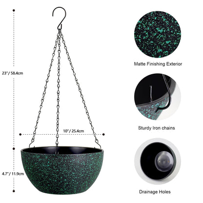 Meowell 10 inch Hanging Planters for Indoor Outdoor Plants, 2 Pack Hanging Flower Pots with Drainage Holes and Chain for Garden, Plastic Hanging Baskets for House Plants, Black with Green Speckles