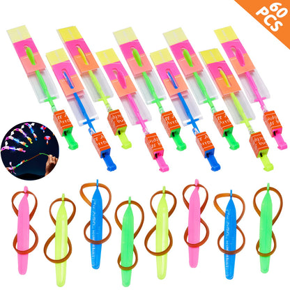 WELLVO 30 Pack Rocket Helicopter with LED Lights 30 Launchers + 30 Glow Rocket Helicopters Glow in The Dark Party Supplies Flying Outdoor Toys Party Favors for Kids 8-12,4-8