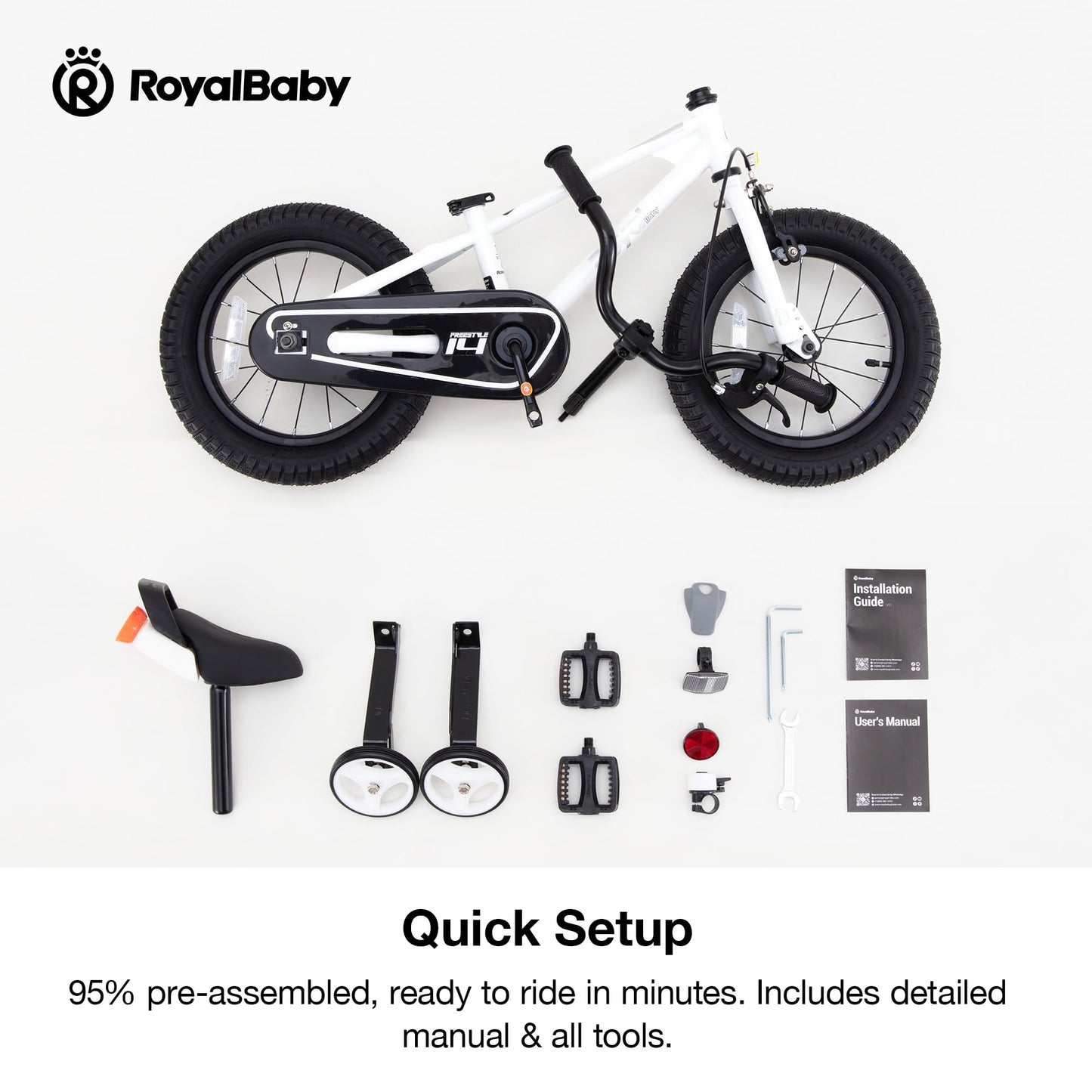 RoyalBaby Freestyle Kids Bike 14 Inch Childrens Bicycle with Training Wheels Toddlers Boys Girls Beginners Ages 3-5 Years, White