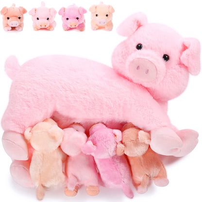 Honoson Nurturing Pig Stuffed Animal with Babies, Cuddly Nursing Mommy Pig Plushy with 4 Stuffed Magnetic Piggy Toys for Kids Boys Girls Birthday Gifts Family Funny Toys Party Decors Farm(Cute)