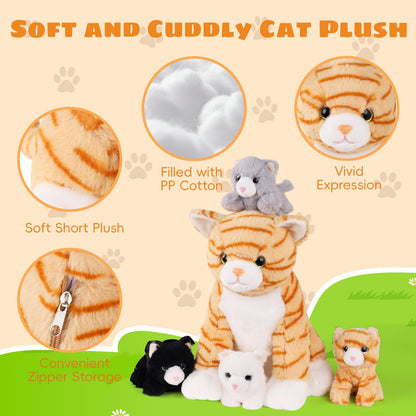 5 PCS Cat Stuffed Animal with Babies Inside Belly, 1 Mommy Stuffed Orange Tabby Cat Toy with 4 Plush Kittens, Stuffed Kitty Plushies for Kids Boys Girls Christmas Birthday Gift