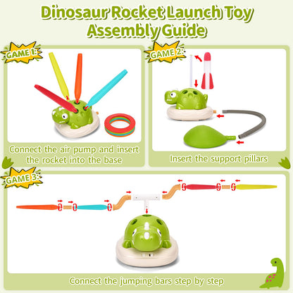 Purryegift 3 in 1 Dinosaur Rocket Launcher, Musical Spinning Jump Dinosaur Toy, Ring Toss Game & Stomp Rockets with Remote Control, Kids Indoor & Outdoor Energy Burning Toys for Boys Girls (1 Set)