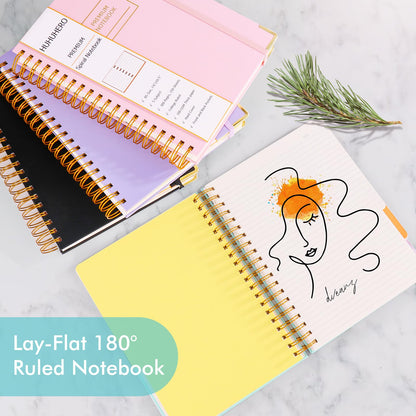 Huhuhero 5 Subject Notebook, 240 Pages Lined Spiral Journal College Ruled, 7.6" x 10.5” B5 Hardcover Journaling Notebooks for Work Note Taking, College School Supplies, Black