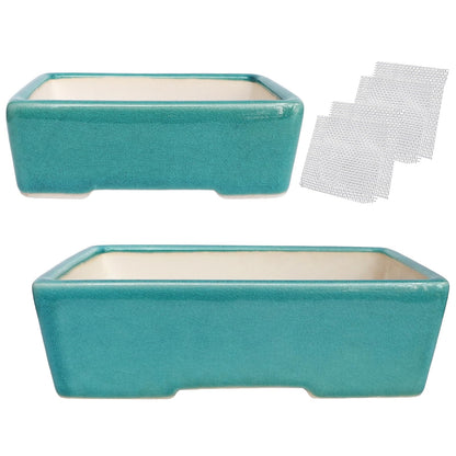 Set of 2 Zisha White Clay Bonsai Pot Glazed Shallow Succulent Planter Blue