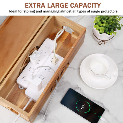 Wood Cable Management Box - 15.8" (L) x 6" (W) 5.5" (H) Acacia Wood Cable Hider Box, Cord Hider with Magnet Design & Outlet Hole, Power Strip Surge Protect & Organizer for Home Office Kitchen TV Wires