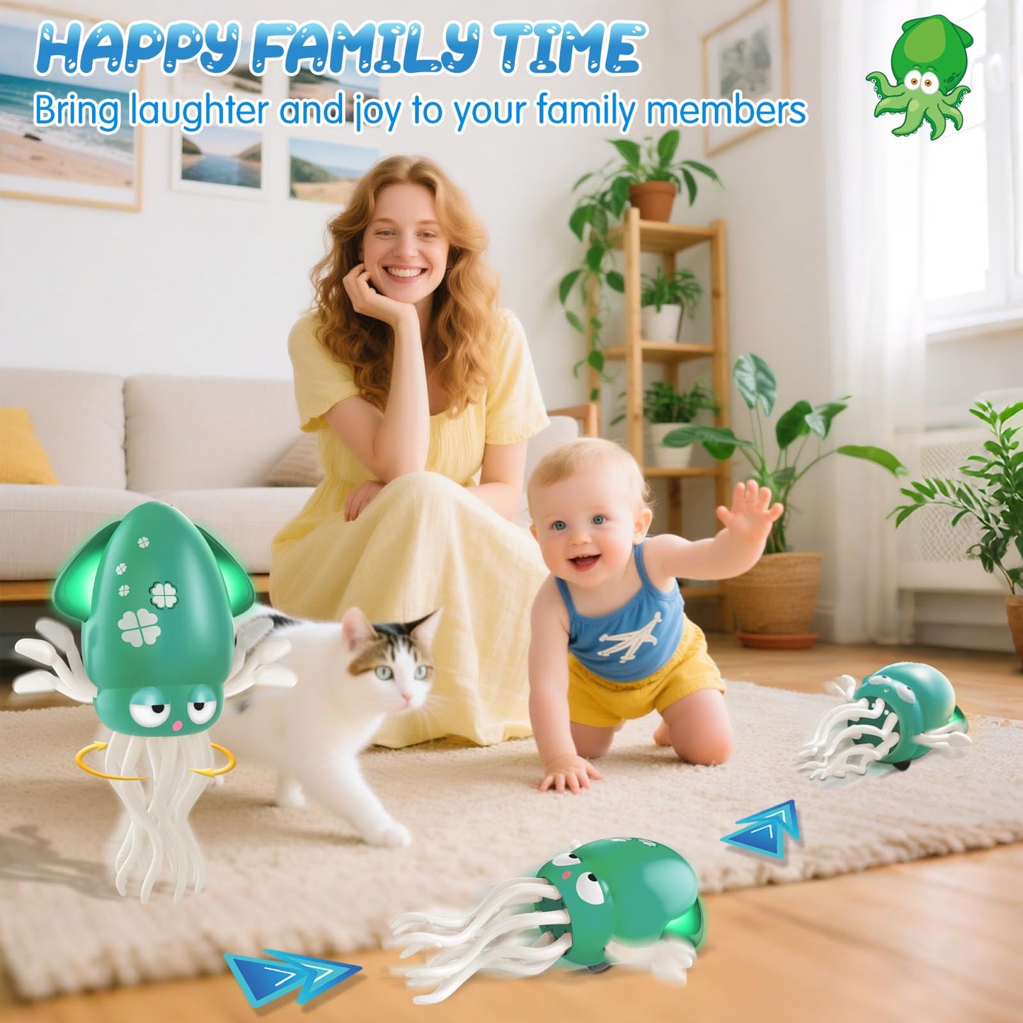 AOTIBO Baby Dancing Octopus Toy for 1 2 3 4 5 Year Old Boy Girl, Baby Tummy Time Electric Crawling Octopus Toys 12-18 Months, Dancing Squid Toy for Walking Toddlers, Kids 1st Birthday Gifts, Green