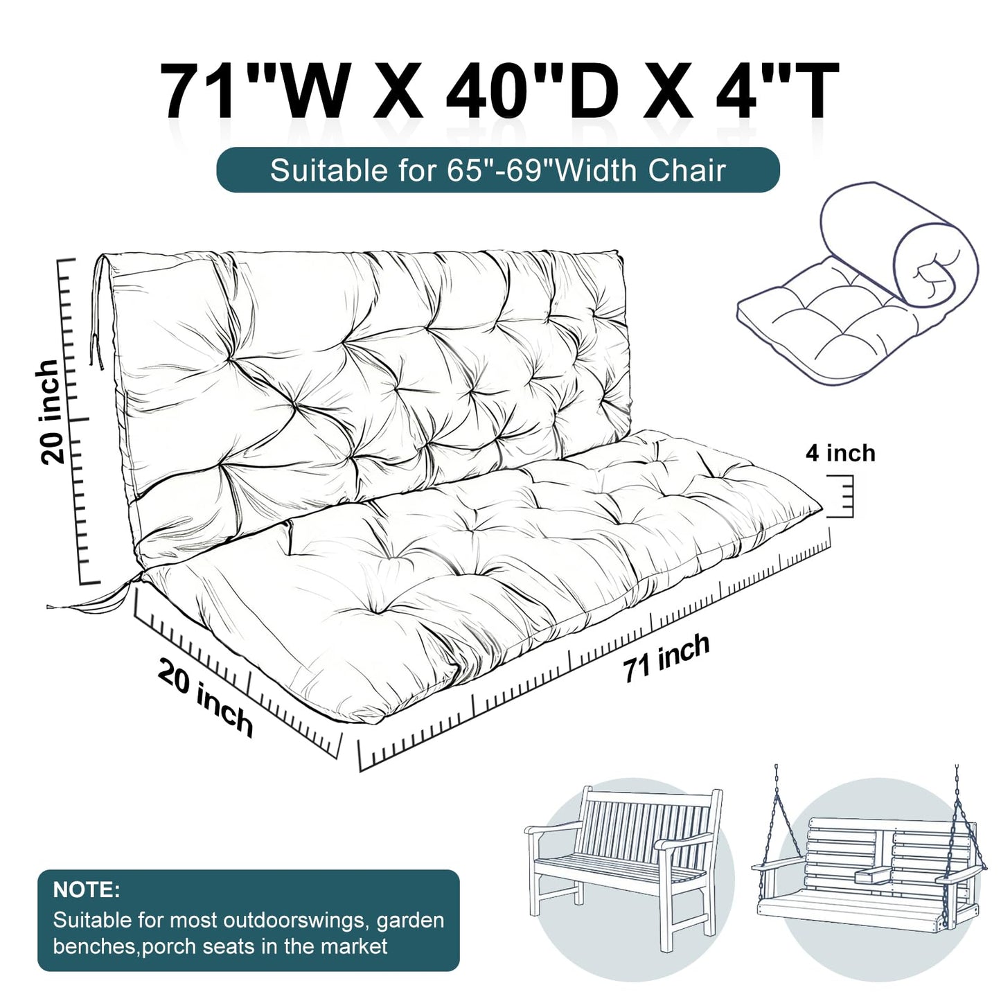 Zacammy Swing Replacement Seat Cushions, 2-3 Seater Bench Cushions for Outdoor Furnitur with Backrest, Garden Recliner Seat Cushions Waterproof Sofa Pads (Khaki, 71x40in)