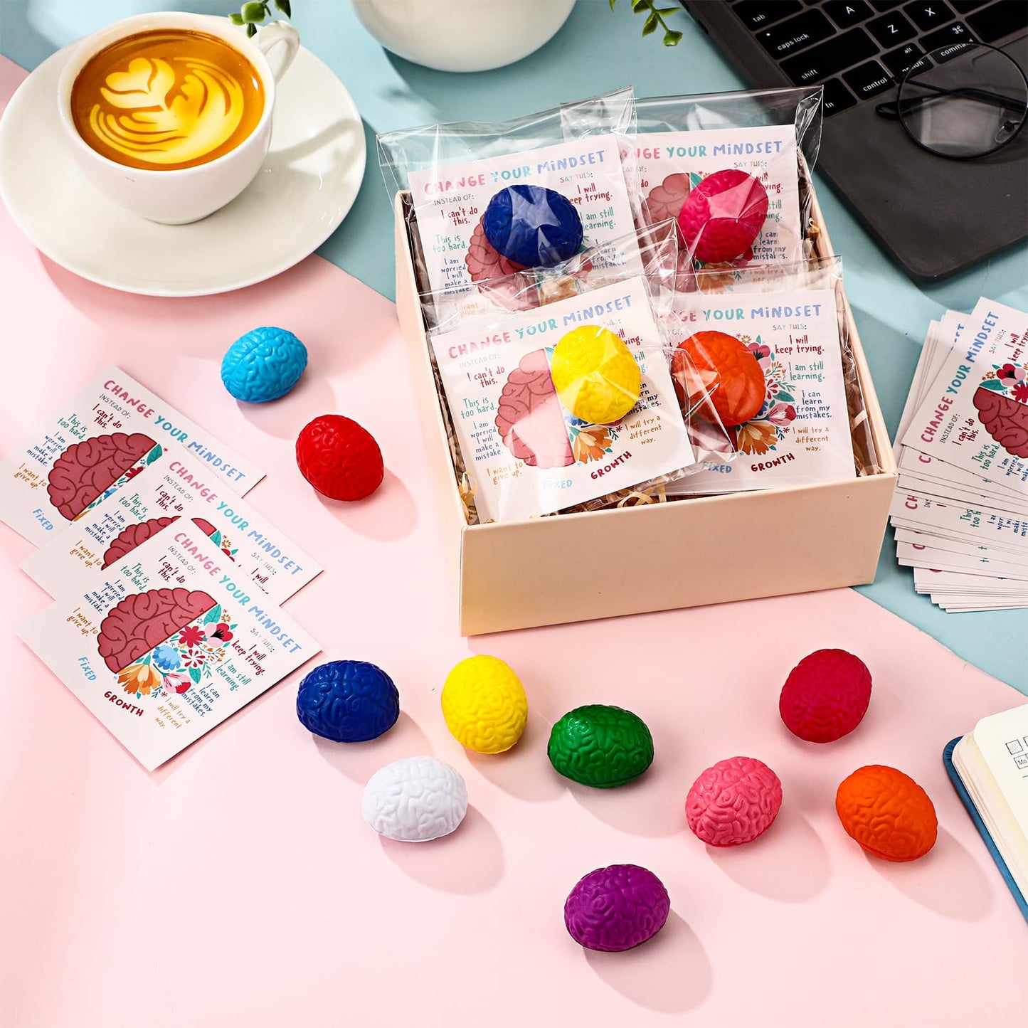 Hollowfly 100 Set Growth Mindset Gift Brain Stress Balls Bulk with Motivational Cards Back to School Stress Balls Gifts Funny Relief Toy for Students Classroom Employee Appreciation for Coworker