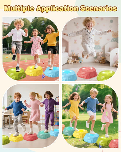 Gleamkid Light Up Stepping Stones for Kids with Music: 6PCS Thicker Double Non-Slip Balance Stepping Stones with Rainbow Spinner, Indoor Outdoor Sensory Toy for Toddlers Ages 3+, Boys & Girls Gifts