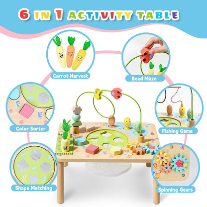 WINGYZ Activity Table, 6 in 1 Wooden Montessori Activity Center with Bead Maze Shape Sorter Fishing Game, Kids Sensory Play Table Toddler Toys 1st Birthday Gifts Boy Girl(Morandi)