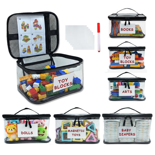 ZEEFARM 6-Pack Clear Toy Storage Bags Extra Large with Mesh Pocket, Toy Organizer with Name Tags and Marker TPU Waterproof for Lego, Puzzles, Building Blocks, Small Toys