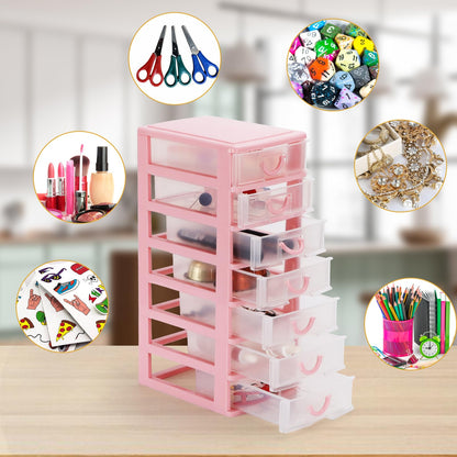 Rempry Mini Plastic Organizer with 7 Clear Drawers, 7.1"x5.1"x13.2" Small Storage Drawers Containers for Desk, Counters, Cabinets, Pink