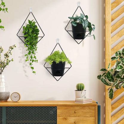 Koalaime 3 Sets Wall Planters for Indoor Plants Geometric Hanging Planters for Indoor Plants - Self-Watering Flower Pots with Black Metal Holder, Mounted Succulent Planter, 5" Black Plant Pot