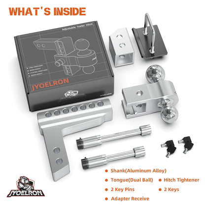 Adjustable Aluminum Trailer Hitch Ball Mount for 2" Receiver, Includes 2.5" Sleeve Adapter, 6" Drop/Rise, Dual Ball 2" & 2-5/16", 12,500 lbs GTW, Hitch Tightener with Locking Pins